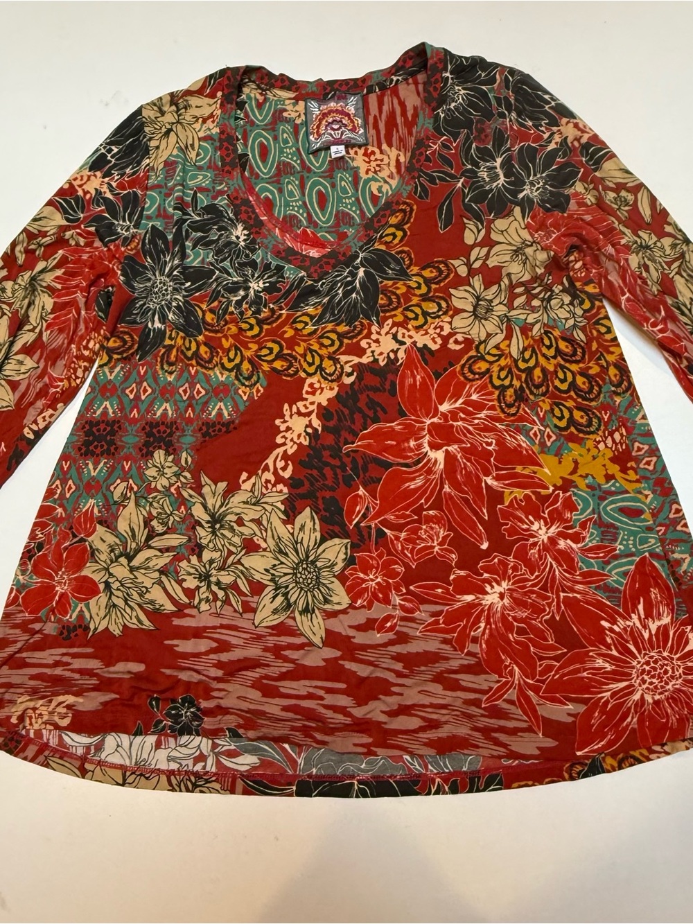 Johnny Was Red Multi-Print V-Neck Long Sleeve Top